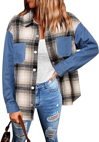 Photo 1 of 2XL - luvamia Womens Shacket Plaid Flannel Shirt Jean Jacket Denim Button Down Shirts Jackets Fashion Chambray Shackets Loose 