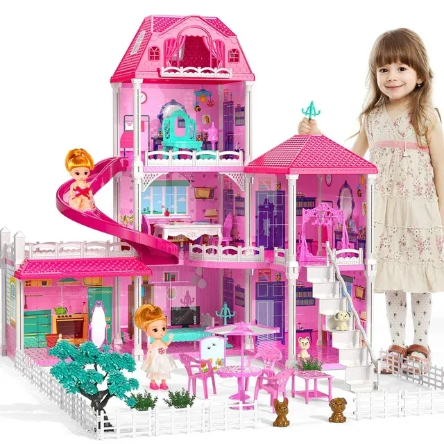 Photo 1 of TEMI Dream Doll House Girl Toys - 2 Stories 410 Rooms Dollhouse with 2 Princesses Dolls, Slide, Play House with Accessories, Toddler Playhouse Toy for Kids Ages 3 4 5 6 7 8+ 4 ROOMS