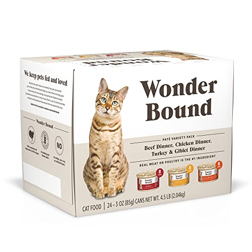Photo 1 of Amazon Brand - Wonder Bound Wet Cat Food, Pate, No Added Grain, Variety Pack (Beef/Chicken/Turkey & Giblet), 3 Oz Cans, Pack of 24 Exp 2026