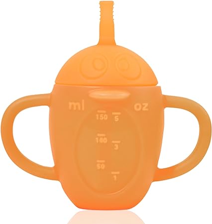 Photo 1 of 100% Silicone Training Cup with Straw and Lid for Toddlers, 200ml Spill Proof Sippy Cups for Baby Infants 6 M+, Dbl Handles Babies Water Drinking Cup (Penguin Orange) Pack x2