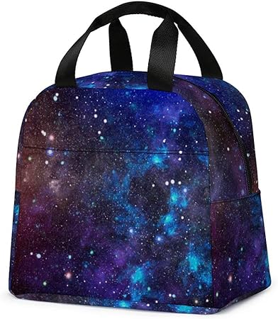 Photo 1 of Outer Space Galaxy Lunch Bag, Reusable Tote Bag Lunch Box for Boys and Girls, Insulated Cooler Box with Front Pocket for Outdoor Picnic Fishing Travel Work, Midnight Blue