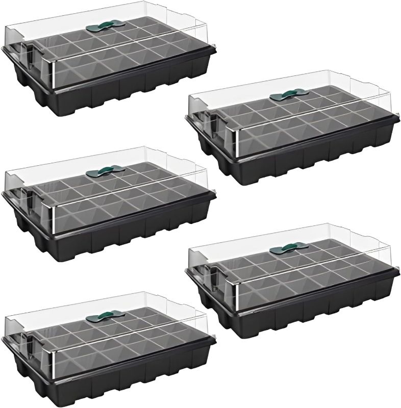 Photo 1 of ANGTUO 5 Pack Seed Starter Trays for Planting 120 Cell Plant Germination Trays Plant Starter Kit Growing Trays with Humidity Dome and Base for Greenhouse Grow (24 Cells per Tray) 