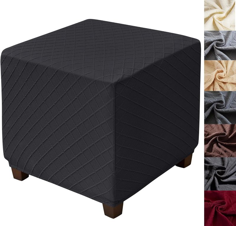 Photo 1 of ANWUCHEN Ottoman Cover-Stretch Knitted Jacquard Ottoman Cover Square-Soft Square Ottoman Covers Slipcover -Thick Storage Ottoman Cover Foot Stool Cover with Elastic Bottom Medium Black