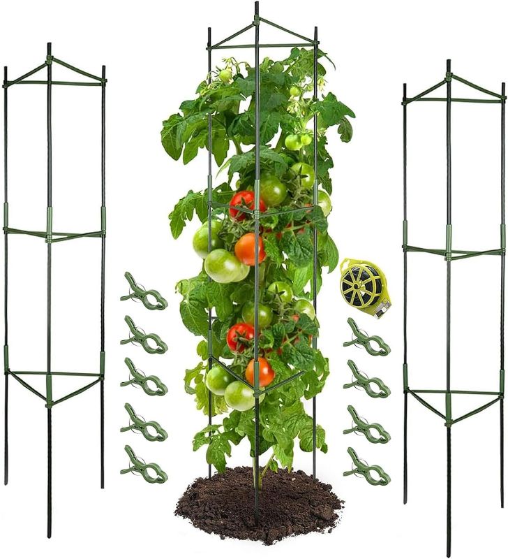 Photo 1 of Advtim Tomato Cages for Garden, 3 Pack Plant Support Cages with 9Pcs Clips and A Pair of Gloves, 47” Assembled Plant Cages, Steel Core Stakes Trellis for Garden, Pots and Vertical Climbing Plants