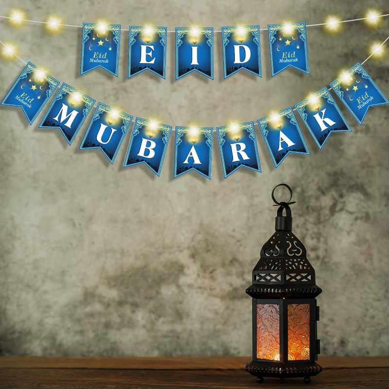 Photo 1 of Eid Mubarak Paper Banner Eid Mubarak Bunting Banner with Led Fairy String Light 3 Flicker Modes, Eid Celebration Hanging Garland Decoration for Muslim Ramadan Party Supplies, No DIY Required (Blue)
