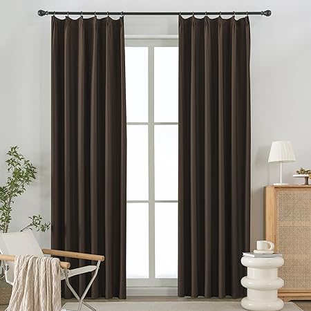 Photo 1 of 2 Panels Brown Pinch Pleated Blackout Curtains Privacy Protection Bedroom Drapes Thermal Insulated Energy Saving Solid Window Curtain Panel for Living Room, Each is 100CMx200CM