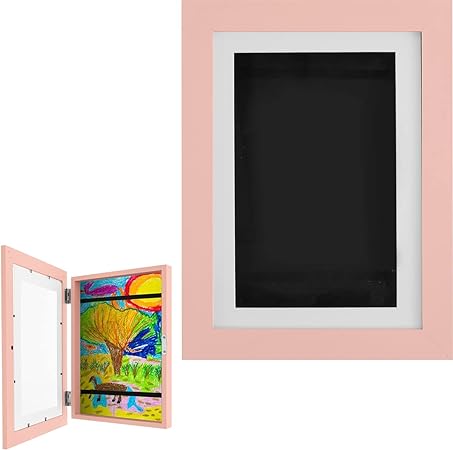 Photo 1 of Kids Art Frames Front Opening A4 Kids Artwork Display Frame with Fixed Strap Kids Artwork Picture Prame Wood Picture Storage Horizontal and Vertical Formats Hold up to 150 Artworks(Pink)