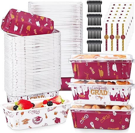 Photo 1 of 180 Pcs Graduation Paper Baking Pans with Lid Class of 2024 Graduation Cupcake Liners 6.3 x 2.17 x 2.17 Inch Congrats Grad Loaf Pan with Stickers Spoons for Baking Bread Cake(Maroon)