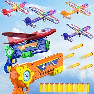 Photo 1 of Bennol 6 Pack Foam Airplane Launcher Outdoor Toy for Boys Kids, 2 Airplane Launchers Toys 4 Led Plane 20 Soft Bullets, 3 4 5 6 7 8 Year Old boy Birthday Gift Ideas