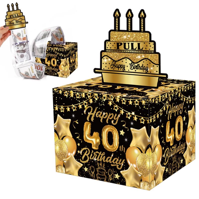 Photo 1 of Happy 40th Birthday Money Box for Cash Gift Pull, Money Box for Cash Gift Black & Gold Money Holder for Cash with Pull Out Card, 30pcs Transparent Cash Bags, DIY Set Surprise Gift Box