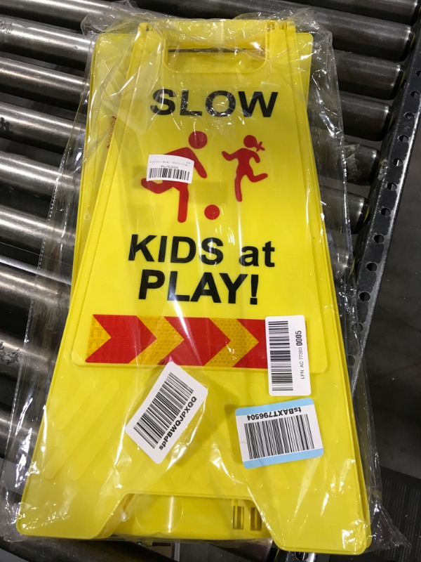 Photo 2 of Slow Kids at Play Signs for Street, Double-Sided Text and Graphics with Reflective Tape, Children at Play Safety Sign for Neighborhoods Schools Park Sidewalk Driveway (2-Pack Yellow) Yellow 2-Pack