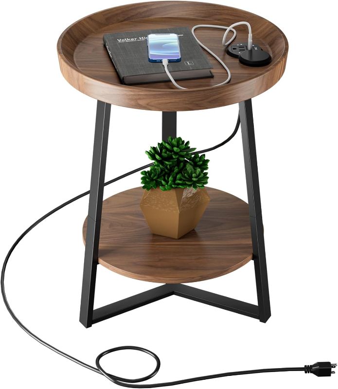 Photo 1 of Gadroad Round End Table with Charging Station, USB Ports, Wood Tabletop & Black Metal Frame, 2-Tier Side Table for Living Room, Bedroom, Brown 15.7 * 15.7 * 23.6inches

