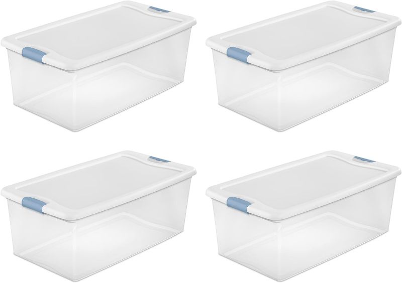 Photo 1 of Sterilite 106 Quart Latching Storage Box, Stackable Bin with Latch Lid, Plastic Container to Organize Clothes in Closet, Clear with White Lid, 4-Pack
