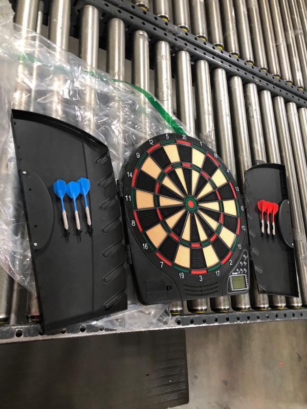 Photo 2 of Franklin Sports Electronic Dart Board Sets - Soft Tip Electric Dartboard with Digital Scoreboard - (6) Darts Included Traditional Dartboard w/ Cabinet