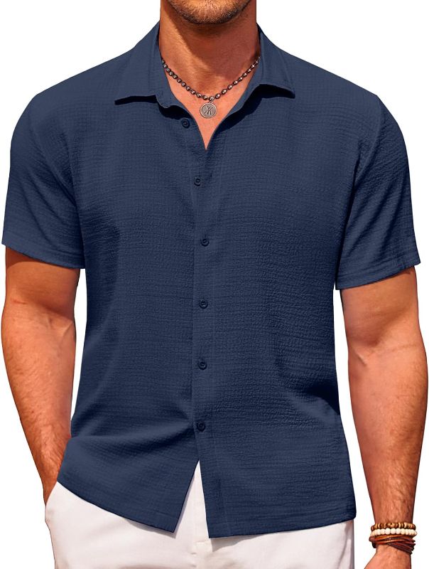 Photo 1 of COOFANDY Men's Casual Short Sleeve Button Down Shirt Textured Summer Beach Shirt
