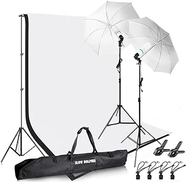 Photo 1 of SLOW DOLPHIN Photography Photo Video Studio Background Stand Support Kit with Muslin Backdrop Kits (White Black),1050W 5500K Daylight Umbrella Lighting Kit
