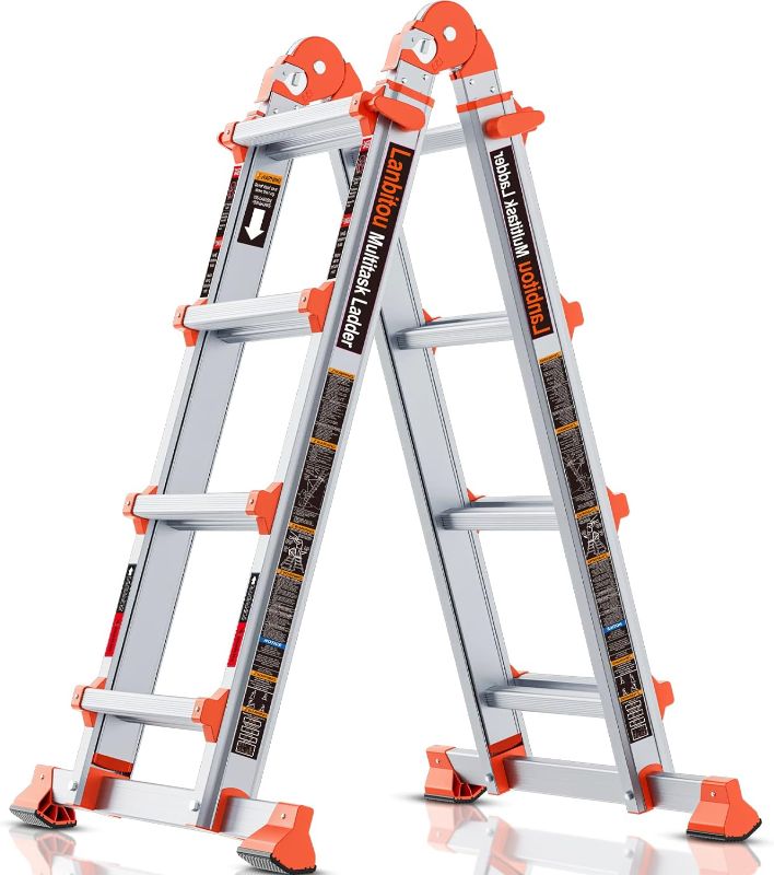 Photo 1 of Ladder, A Frame 4 Step Ladder Extension, 14 FT Anti-Slip Multi Position & Storage Folding Ladder, 330 lbs Security Load Telescoping Aluminum Ladders for Stairs Home Indoor Outdoor Roof
