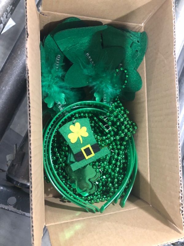 Photo 1 of 18 Pcs St. Patrick's Day Accessories Set Party Favors with 6 Shamrocks Beads Necklaces, 6 Green Hats Beaded Necklaces and 6 St. Patrick's Headbands Irish Beads Bulk Headpiece Party Supplies Decoration