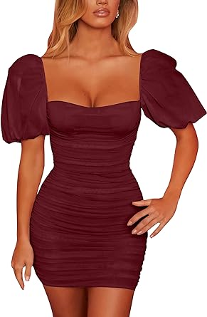 Photo 1 of Cysincos Womens Square Neck Dress Long Lantern Sleeve Zipper Back Ruched Elastic Waist Party Club Cocktail Bodycon Mini Dress Small