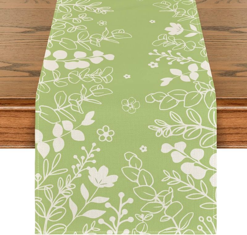 Photo 1 of Artoid Mode Green Eucalyptus Floral Summer Table Runner, Seasonal Spring Kitchen Dining Table Decoration for Home Party Decor 13x90 Inch 