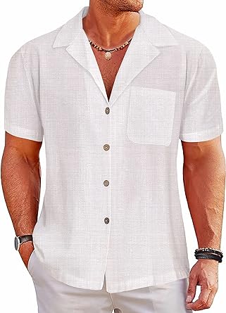 Photo 1 of Blissshow Men's Cotton Linen Short Sleeve Button Down Shirts Casual Summer Top Vacation Hawaiian Beach Outfits Small