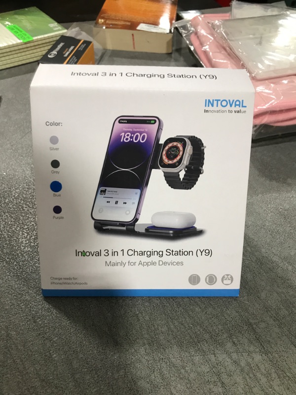 Photo 2 of Intoval Charging Station for Apple iPhone/Watch/Airpods, 3 in 1 Wireless Charger for iPhone 14/13/12/11/XS/XR/XS/X/8, iWatch 8/Ultra/7/6/SE/5/4/3/2, Airpods Pro2/Pro1/3/2/1 (Y9,Blue)