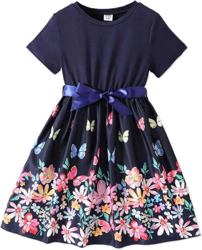 Photo 1 of 11-12YEARS PATPAT Girls Floral Dress Flutter Sleeve Floral Printed Belted Casual Swing Dresses
