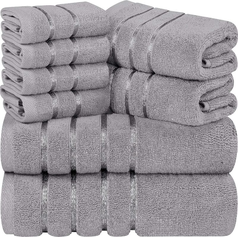 Photo 1 of Utopia Towels 8-Piece Luxury Towel Set, 2 Bath Towels, 2 Hand Towels, and 4 Wash Cloths, 600 GSM 100% Ring Spun Cotton Highly Absorbent Viscose Stripe Towels Ideal for Everyday use (Cool Grey)