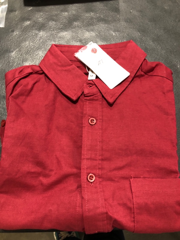 Photo 2 of Aimeilgot Mens Long/Short Sleeve Shirts Linen Casual Button Down Tees Spread Collar Plain Shirts Medium 0 Wine Red