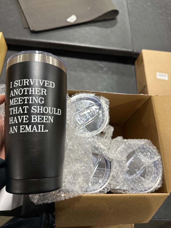 Photo 2 of I Survived Another Meeting That Should Have Been an Email Tumbler The Office Tumbler Funny Tumbler Christmas White Elephant Office Gifts for Boss Coworkers Friends 20 Oz Black 4 PACK 
