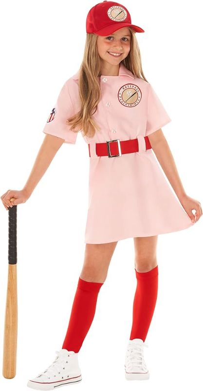 Photo 1 of Suhine 4 Pcs Baseball Player Halloween Costume for Girls League of Their Own Costume Toddler Pink Baseball Sports Costume Outfit Includes Pink Baseball Dress with Belt Red Baseball Hat Socks for Kids