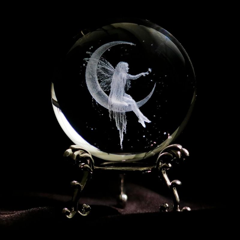 Photo 1 of 2? inches Moon Fairy Crystal Ball with Stand 3D Laser Engraved Fairy Moon Figurine 3D Decoraive Quartz Glass Ball Sphere Table Paperweight Home Decor Craft 