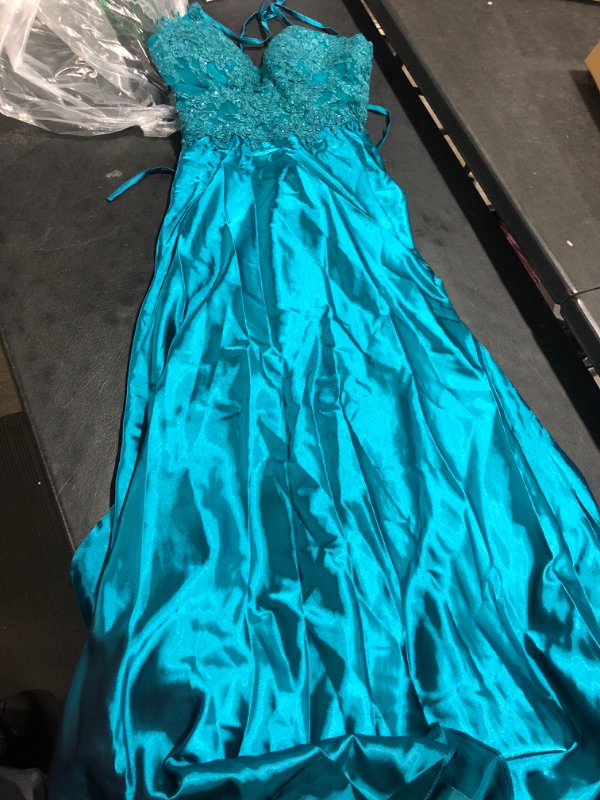 Photo 2 of Dingcela Satin V Neck Prom Dress Long with Pockets A Line Spaghetti Straps Appliques Evening Party Ball Gown Size 2