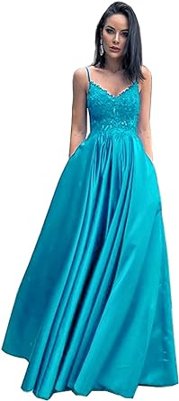 Photo 1 of Dingcela Satin V Neck Prom Dress Long with Pockets A Line Spaghetti Straps Appliques Evening Party Ball Gown Size 2