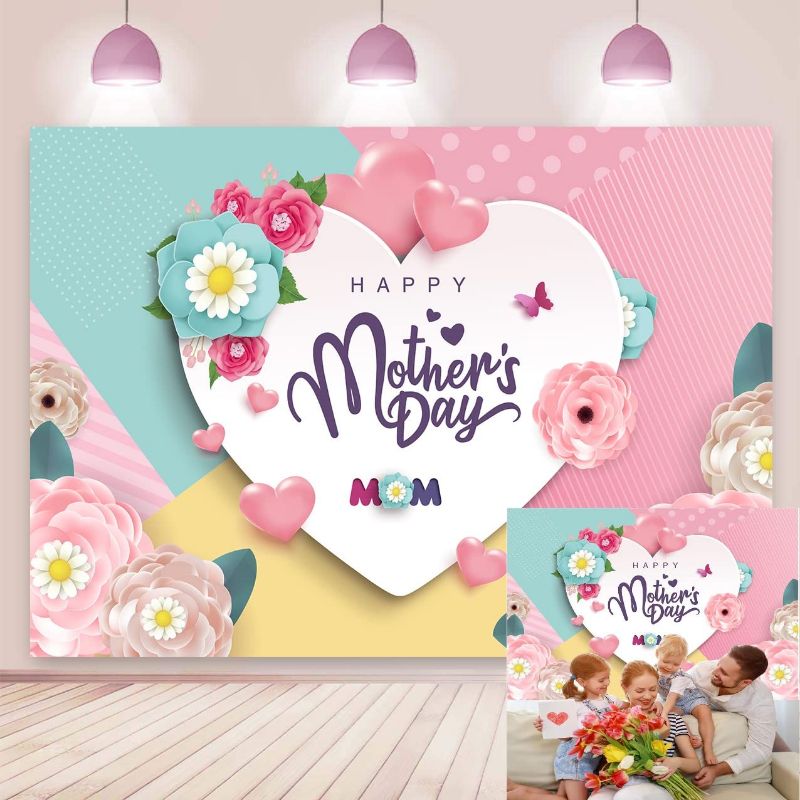 Photo 1 of Happy Mother's Day Backdrop Pink Love Heart Rose Gold Flowers Background New Mom Lady Women Mother's Day Home Festival Party Decor Supplies 8x6FT