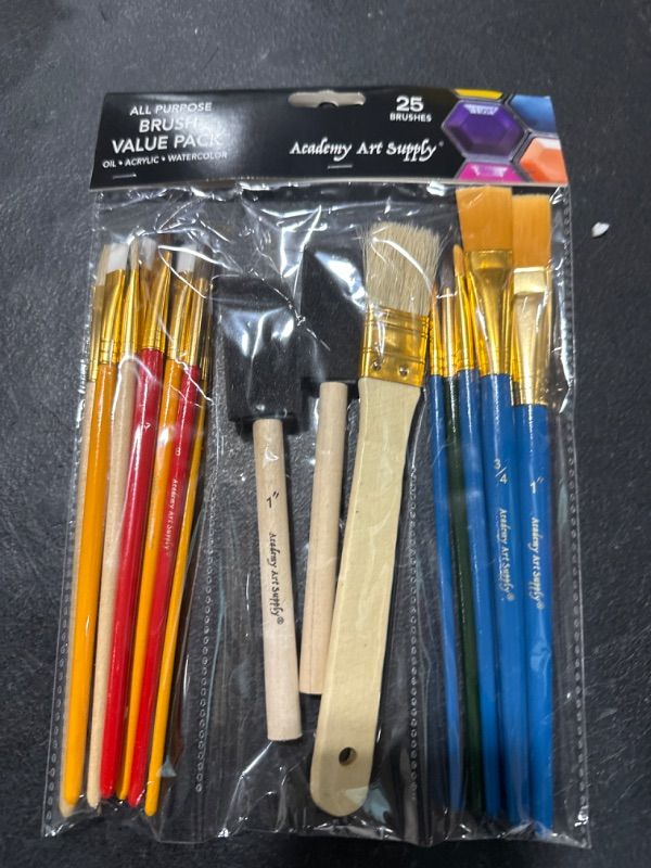 Photo 2 of 25 Piece Paintbrush All-Purpose Value Pack with Bristle, Nylon, Sponge, and Camel Hair Brushes for Acrylic, Oil, Watercolor, and Gouache 25 Piece Kit