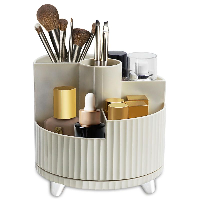 Photo 1 of 360°Rotating Makeup Organiser Brush Holder, Milky White Cosmetic Organisers with 5 Compartments, Multifunctional Skincare Storage 