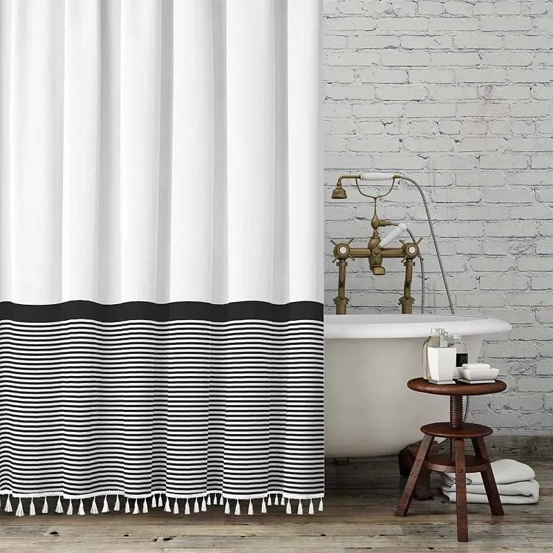 Photo 1 of Black and White Tassel Shower Curtain Striped