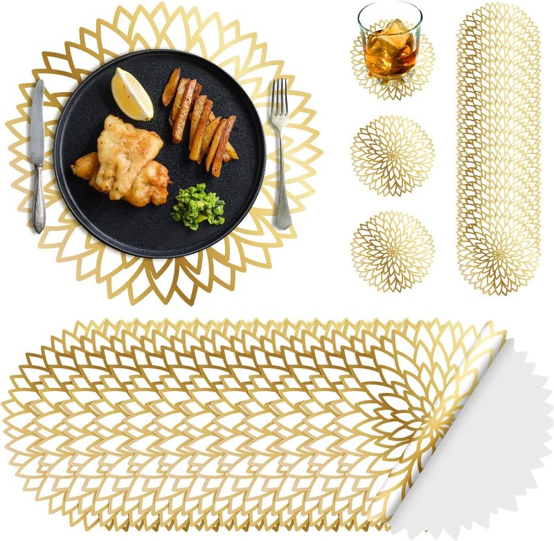 Photo 1 of Disposable Gold Round Hollow Out Paper Placemat Coaster Set