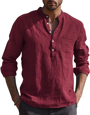 Photo 1 of Mens Cotton Linen Shirt Casual Long Sleeve Henley Shirt (XL)
