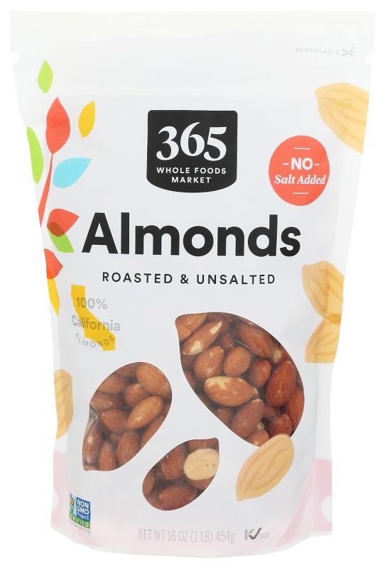 Photo 1 of 365 by Whole Foods Market, Roasted And Unsalted Almonds, 16 Ounce (best by 09-2024)