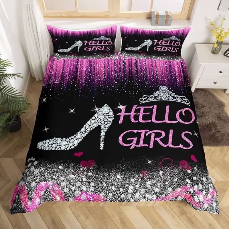 Photo 1 of Feelyou Hello Girls Bedding Set for Girls Glitter Print (No Glitter) Pink Comforter Cover Diamond High-Heeled Shoes Duvet Cover Crown Pastel Stylish Bedspread Cover Queen Size Bedding Collection 3Pcs
