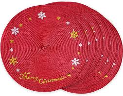 Photo 1 of LanaVines Christmas Placemats Set of 6 Round Placemats Christmas, Red Placemats Embroidered Christmas Decorations Table Placemats, Holiday Snowflake Placemats For Kitchen Dining Table Mats Decorations Set of 6 Red