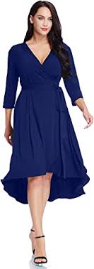 Photo 1 of GRAPENT Women's Plus Size Solid V Neck Knee Length 3/4 Sleeve Hi Lo True Wrap Dress 2XL BLUE
