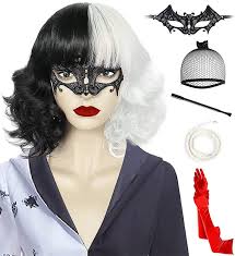Photo 1 of Anogol Hair Cap+ Short Bob Wig Black and White Wig with Bangs for Women Curly Synthetic Wavy Wigs for Girls Costume Wig for Halloween Party Wig ( 1 Long C Holder+ 2 Gloves+ 1 Necklace+ 1 Blindfold )