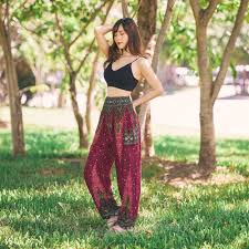 Photo 1 of ForeMode Women's Hippie Palazzo Pants Harem Pants Boho Joggers Yoga Clothes with Pockets Large red 