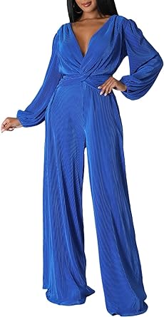 Photo 1 of kaimimei Jumpsuits for Women Long Sleeve V Neck Wrap Outfits Pleated Wide Legs Palazzo Pants Romper XX-Large A Rose Red