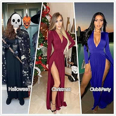 Photo 1 of Sexy Dresses for Women 2023 V Neck Long Sleeve Wrap Maxi Dress Side Slit Party Club Night Bodycon Prom Dresses Large burgandy