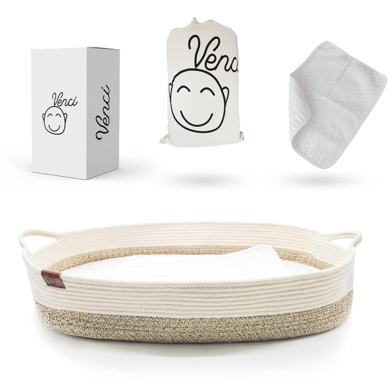 Photo 1 of Baby Changing Basket for Dresser Top - 29.5 x 17 x 6 in, Organic Cotton Rope and Thick Removable Foam Pad, Portable Moses Basket Changing Basket for Babies, Waterproof Changing Pad
