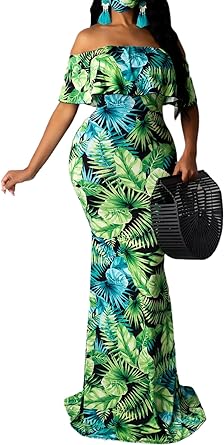 Photo 1 of LalaLin Sexy Off Shoulder Maxi Dress for Women Floral Printed Ruffle Sleeve Bodycon Nightout Hawaii Elegant Dresses